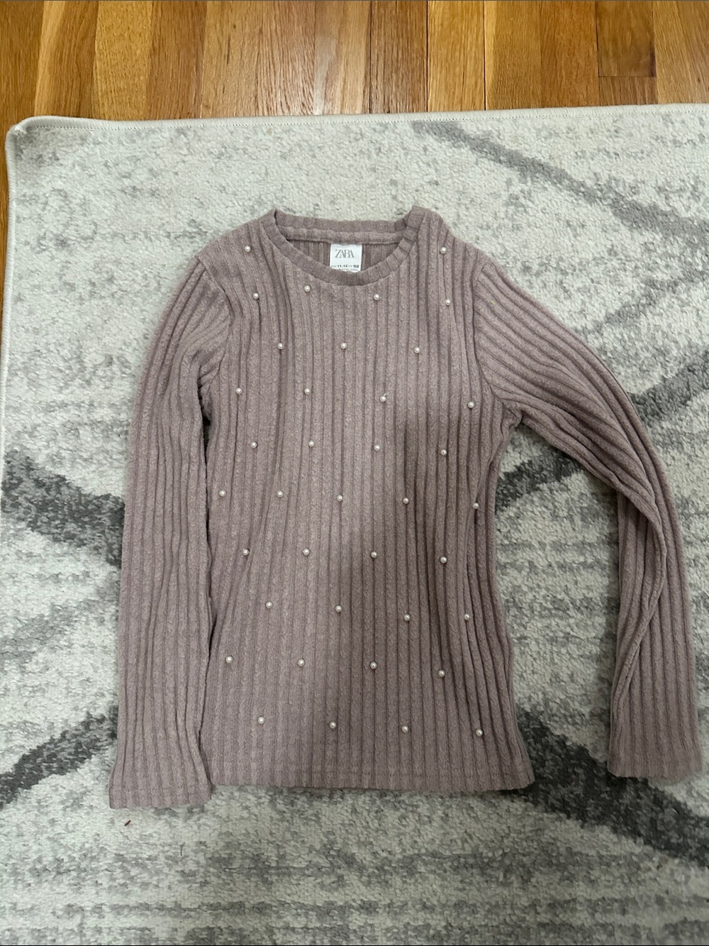 ZARA Ribbed Crewneck Sweater with Pearl Accents - Dusty Mauve